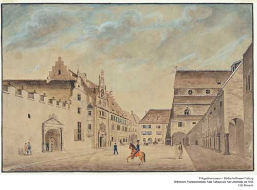 1457 gegründet: die Freiburger Universität. Hier der Franziskanerplatz mit dem Alten Rathaus und der Alten Universität, vor 1845. Foto: Augustinermuseum Freiburg 1457 gegründet: die Freiburger Universität. Hier der Franziskanerplatz mit dem Alten Rathaus und der Alten Universität, vor 1845. Foto: Augustinermuseum Freiburg