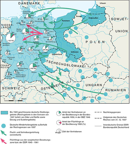 Die Karte zeigt die Herkunfts- und Zielgebiete der während und nach dem Ende des Zweiten Weltkriegs umgesiedelten, geflohenen und vertriebenen deutschen Reichsbürger und Volksdeutschen aus Ostmitteleuropa