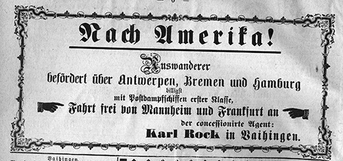 Anzeige in der Vaihinger Landpost aus dem Jahr 1881. „Concessionirte Agenten“ übernahmen immer mehr das Geschäft mit den Auswanderungswilligen. Foto: Stadtarchiv Sachsenheim