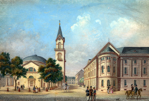 Blick auf das Badische Ständehaus (rechts) und die katholische Stephanskirche um 1850. Foto: Stadtarchiv Karlsruhe Blick auf das Badische Ständehaus (rechts) und die katholische Stephanskirche um 1850. Foto: Stadtarchiv Karlsruhe