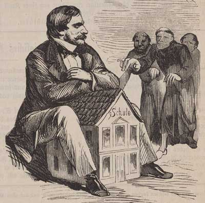 „Die Zukunft gehört dem, der die Schule hat.“ Erneut griff der „Kladderadatsch" im Jahr 1875 den Kulturkampf auf und unterstrich die Bedeutung, welche die Schulpolitik im Rahmen der Auseinandersetzung zwischen Staat und Kirche hatte. „Die Zukunft gehört dem, der die Schule hat.“ Erneut griff der „Kladderadatsch" im Jahr 1875 den Kulturkampf auf und unterstrich die Bedeutung, welche die Schulpolitik im Rahmen der Auseinandersetzung zwischen Staat und Kirche hatte.