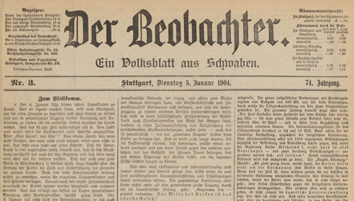 Ausschnitt aus der Titelseitedes Beobachter vom 5. Januar 1904. Foto: Universitätsarchiv Tübingen Ausschnitt aus der Titelseitedes Beobachter vom 5. Januar 1904. Foto: Universitätsarchiv Tübingen
