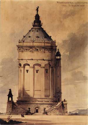 Mannheimer Wahrzeichen: Der Wasserturm von 1889, hier der Entwurf von Gustav Halmhuber (1885). Foto: Stadtarchiv Mannheim Mannheimer Wahrzeichen: Der Wasserturm von 1889, hier der Entwurf von Gustav Halmhuber (1885). Foto: Stadtarchiv Mannheim