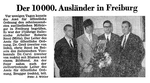 Der 10.000ste „Gastarbeiter“ in Freiburg ist Roberto Rossi, der – anders als es im damaligen Zeitungsbericht heißt – sogar erst 16 Jahre alt war, als er 1971 nach Freiburg kam. Foto: Badischer Verlag, Archiv Badische Zeitung, Freiburg im Breisgau