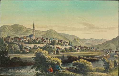 Der kolorierte Stahlstich zeigt Offenburg um 1850.