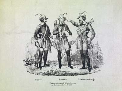 Die Revolutionäre Struve, Hecker und Schimmelpfennig, bezeichnet als "Führer der republikanischen Freischaren im badischen Oberlande 1848" in der für die Revolutionäre typischen Kleidung. Foto: LMZ Baden-Württemberg