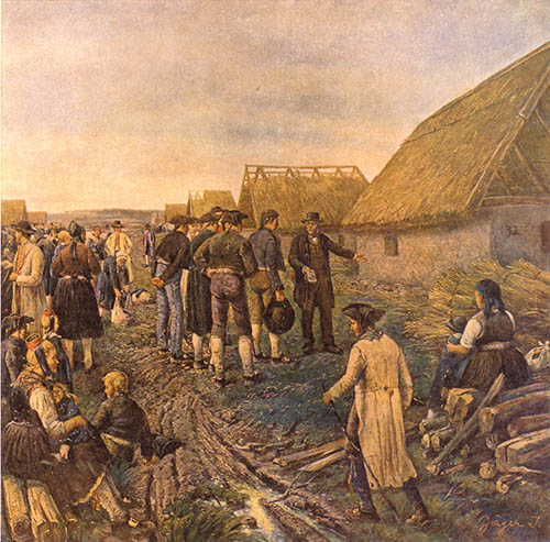 Der mit "Ankunft" betitelte Ausschnitt aus dem "Einwanderungsbild" des Malers Stefan Jäger (1877–1962). Das Ölbild trug ursprünglich den Titel "Einwanderung der Deutschen nach Südungarn" und befindet sich heute im Gebäude des Demokratischen Forums der Deutschen im Banat in Temeswar, Rumänien. Foto: Institut für donauschwäbische Geschichte und Landeskunde, Tübingen