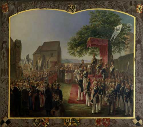 Erbhuldigung der Deputierten der ehemaligen Fürstentümer Hohenzollern-Hechingen und Hohenzollern-Sigmaringen am 23. August 1851 auf der Burg Hohenzollern.