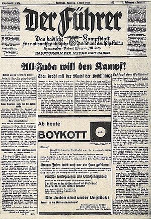 Aufruf zum Boykott jüdischer Geschäfte. Titelseite: Der Führer (Ausgabe Baden) vom 1. April 1933. 