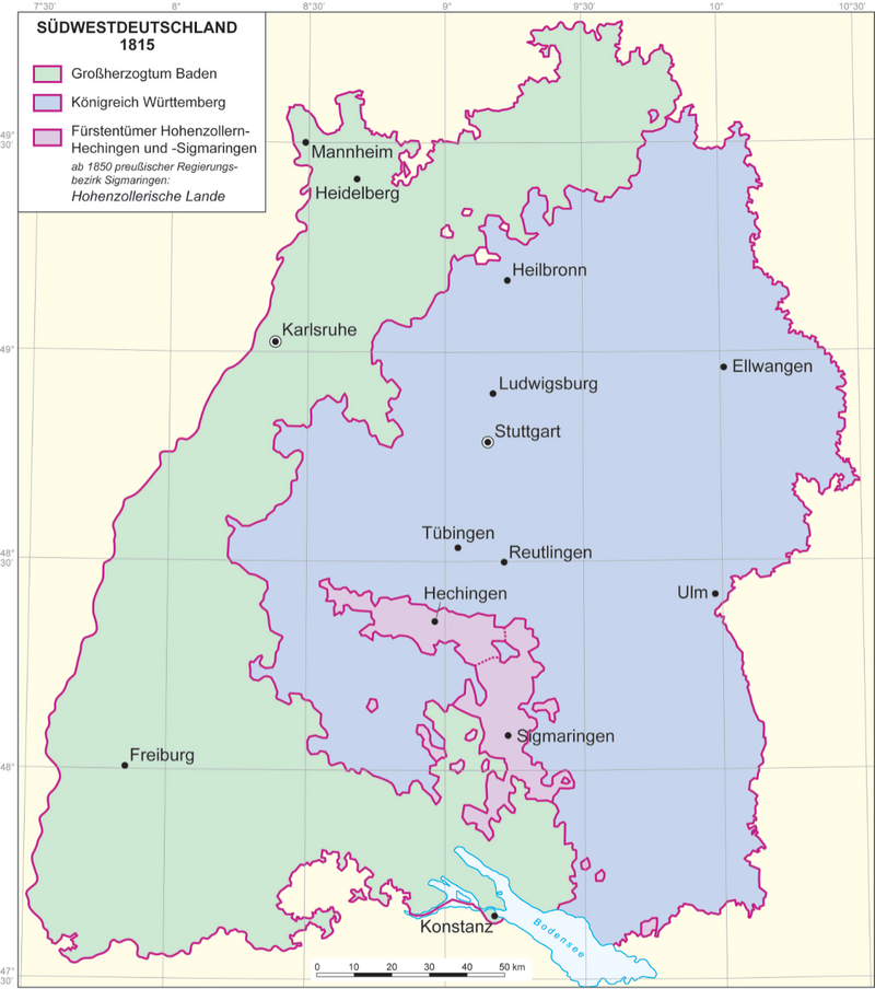 Karte Südwestdeutschland nach 1815.