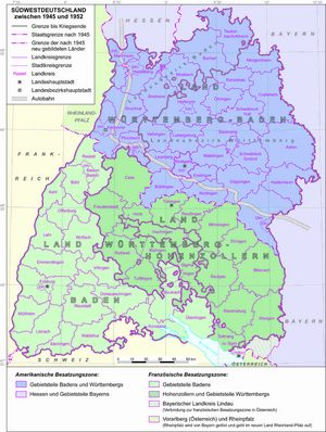 Karte: Südwestdeutschland nach Kriegsende bis 1952