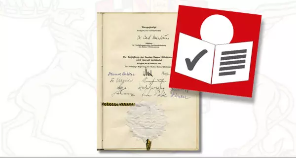 Die Verfassungsurkunde von Baden-Württemberg. Foto: LMZ Baden-Württemberg. Symbol für "in Leichter Sprache"