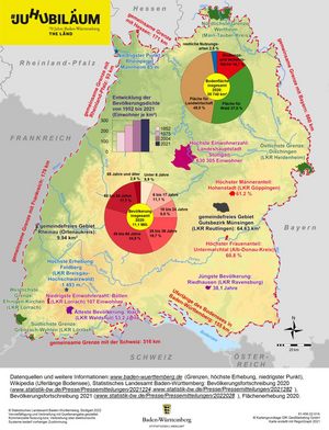 Karte zum 70. Jubiläum von Baden-Württemberg. Karte: Statistisches Landesamt Baden-Württemberg, Stuttgart
