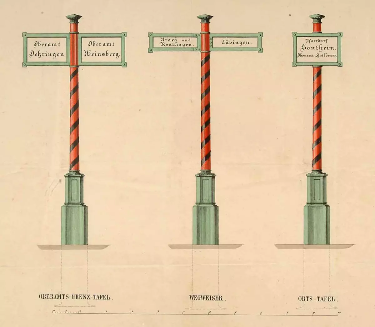 Ein vom Schwarzwald-Verein errichtetes Schild erinnert an die historische Grenze zwischen dem Königreich Württemberg und dem Großherzogtum Baden auf einer Höhe bei Wolfach im Schwarzwald. Foto: Entwürfe für württembergische Grenzpfähle, Wegweiser und Orts