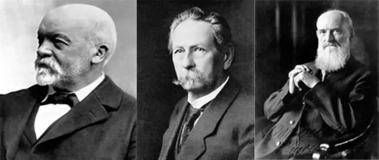 Die Pioniere des automobilen Zeitalters: Gottlieb Daimler, Carl Benz und Robert Bosch (v. l. n. r.). 