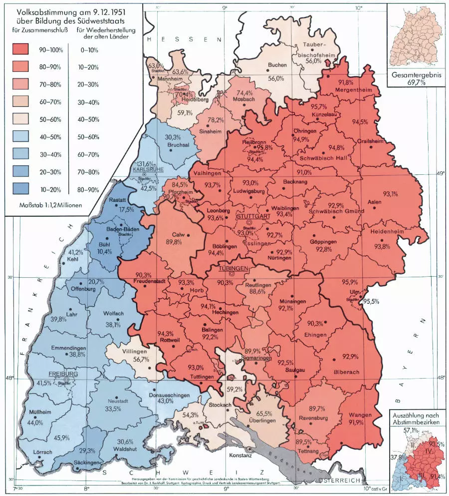 Ergebnisse der Volksabstimmung vom 9.12.1951 nach Stadt- und Landkreisen. Karte: Landesvermessungsamt BW