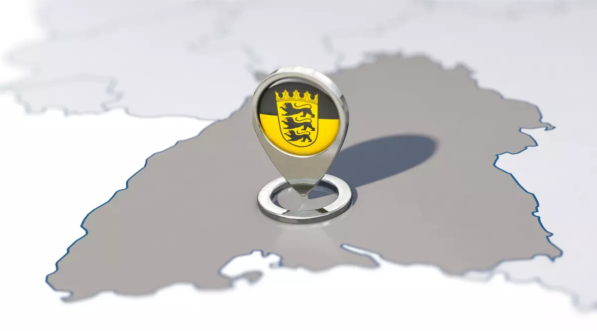 Umriss des Landes Baden-Württemberg mit Landeswappen. Foto: Adobe Stock | bluedesign