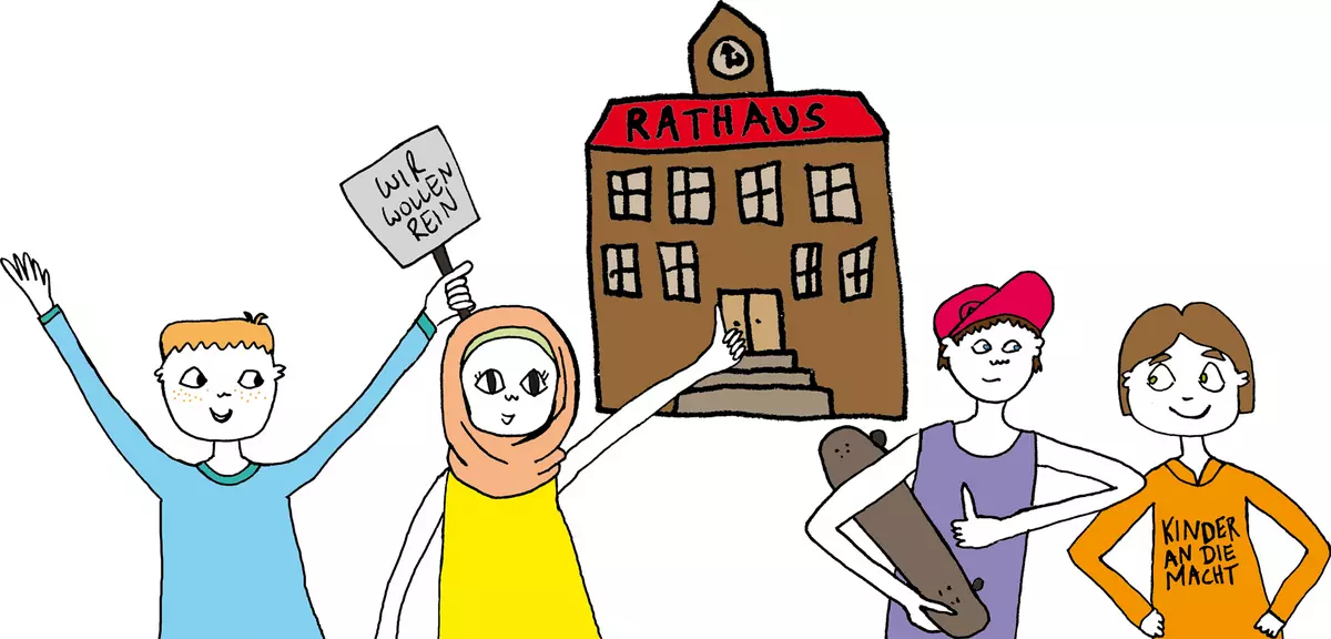 Illustration zur Jugendbeteiligung: Kinder vor einem Rathaus. Grafik: LpB BW Illustration zur Jugendbeteiligung: Kinder vor einem Rathaus. Grafik: LpB BW
