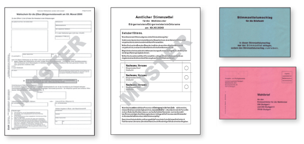 Grafik: Die 4 Wahlunterlagen: Wahlschein, Stimmzettel, blauer und roter Umschlag.