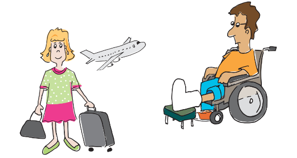 Grafiken: Frau mit Koffern und Mann im Rollstuhl mit Gips am Fuß.