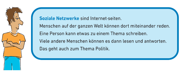 In diesem blauen Kasten erklären wir das Wort Soziale Netzwerke: Soziale Netzwerke sind Internet·seiten. Menschen auf der ganzen Welt können dort miteinander reden. Eine Person kann etwas zu einem Thema schreiben. Viele andere Menschen können es dann lesen und antworten. Das geht auch zum Thema Politik.