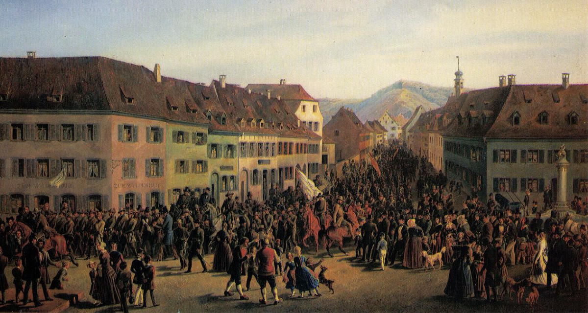 Einzug der revolutionären Bewegung unter Führung Gustav Struves in Lörrach. Bild: Wikimedia (gemeinfrei).
