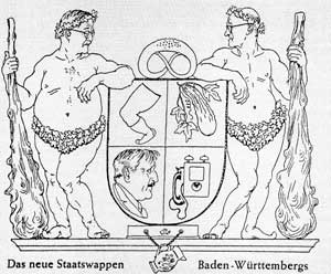 Ein nicht ganz ernst gemeinter Vorschlag für das Staatswappen Baden-Württembergs mit Reinhold Maier und Gebhard Müller als Wappenhalter, aus der Fasnachtsbeilage der Stuttgarter Zeitung vom 17. Februar 1953. Foto: Archiv der Stuttgarter Zeitung